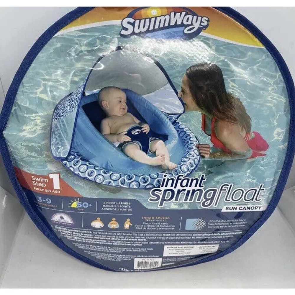 SwimWays Infant Baby Spring Float Blue Swim Step 1 Float Sun Canopy New
